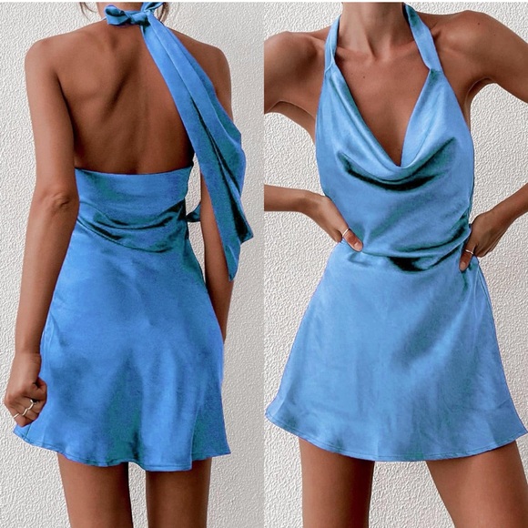 NWT Women's Cowl Neck Halterneck Slip On Backless Satin Mini Dress Sexy Silky XS - Picture 1 of 17